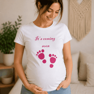 Butoane de mână și picior pe tricou pentru gravide, design personalizat pentru mămici.