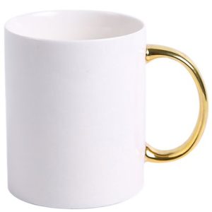 Ceainic alb personalizat, ideal pentru cadouri sau decor, cu mâner auriu elegant.