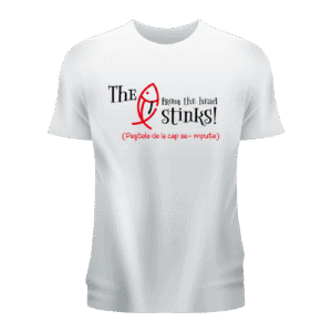 The T-shirt features a playful design with text and a graphic element.