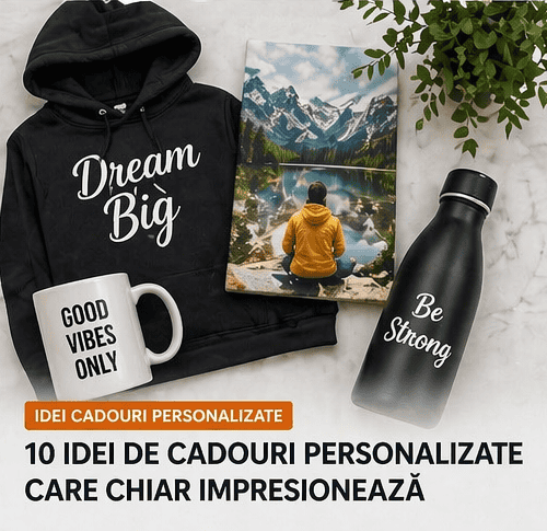 Set de cadouri personalizate cu hoodie, cană și sticlă termică, ideal pentru cadouri unice și impres.