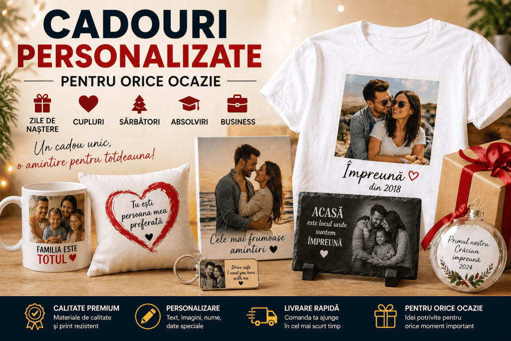 Cadouri personalizate pentru orice ocazie, cu fotografii și mesaje speciale, realizate din materiale.