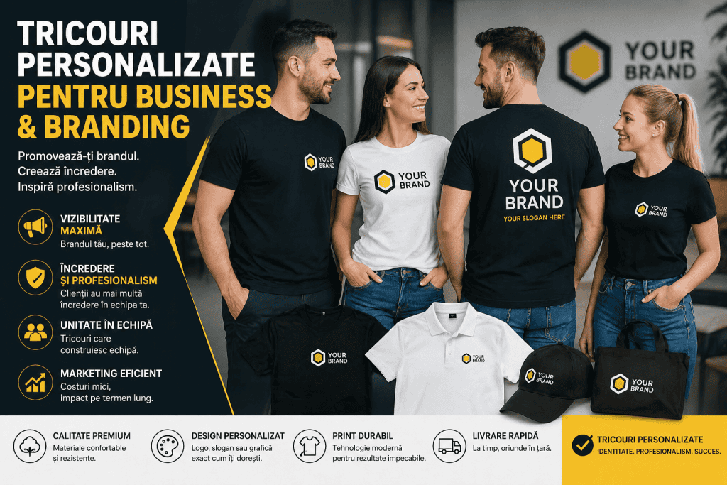 Tricouri personalizate pentru business și branding, echipă în uniforme cu logo.
