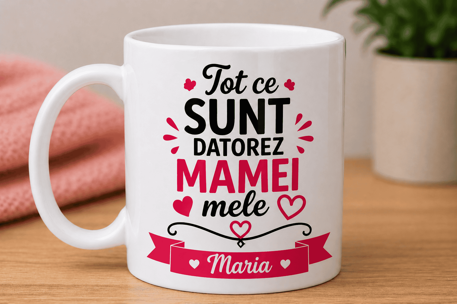 Tot ce sunt dator mamei mele - cană personalizată cu mesaj emoționant.