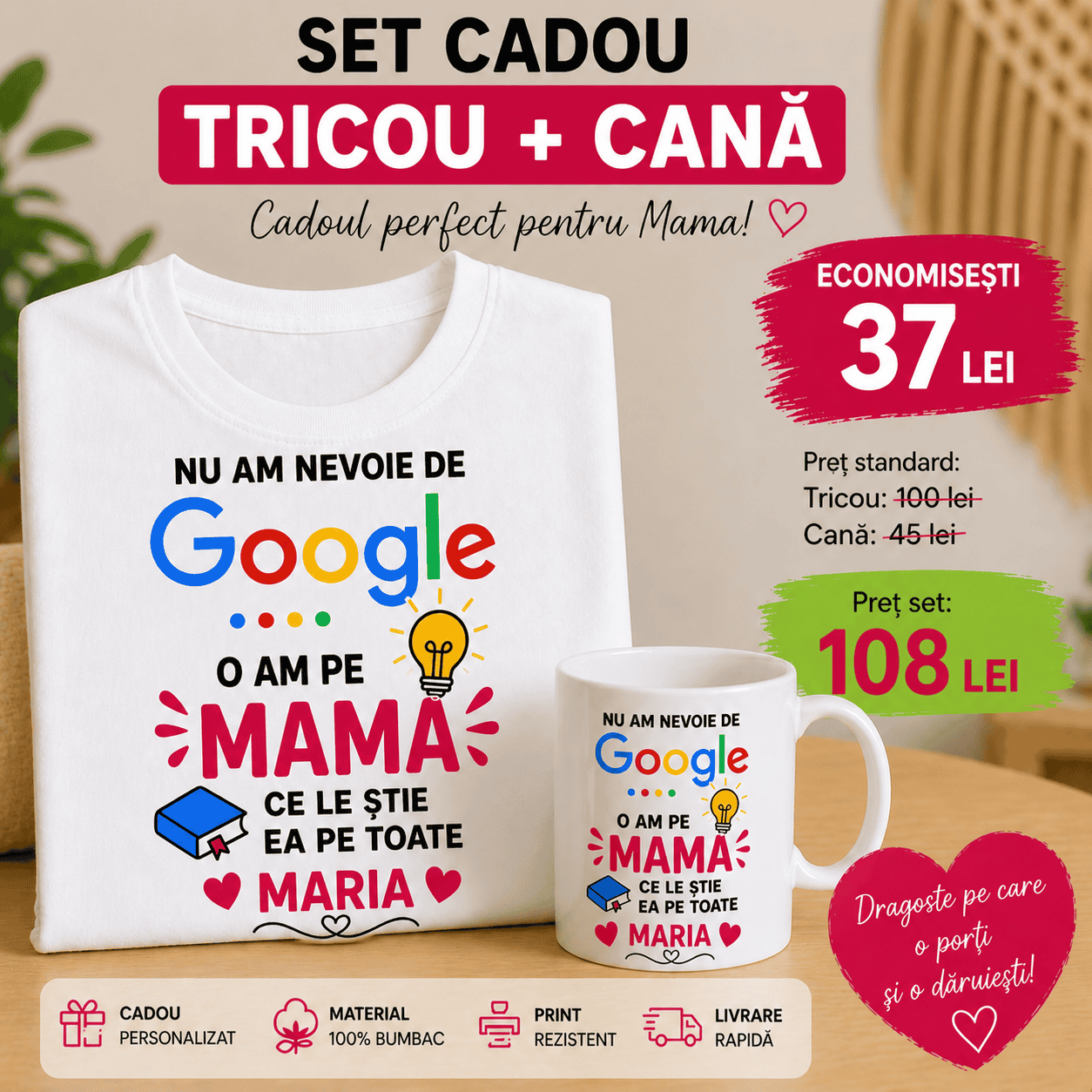 Tricou și cană personalizate pentru mame, cadou perfect pentru Ziua Mamei.