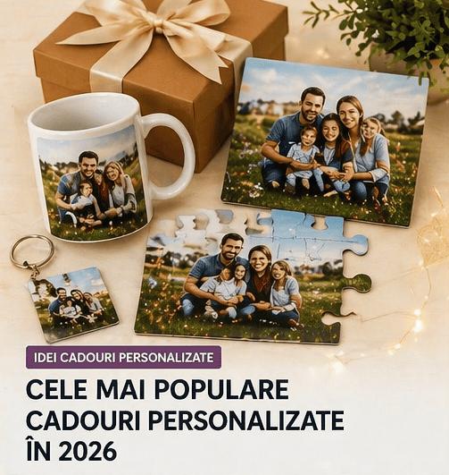 Fotografie cu cadouri personalizate: cană, puzzle și fotografie personalizată cu familie fericită. C.