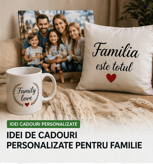 Fotografie cu cadouri personalizate pentru familie, inclusiv cană și perne cu mesaje speciale.