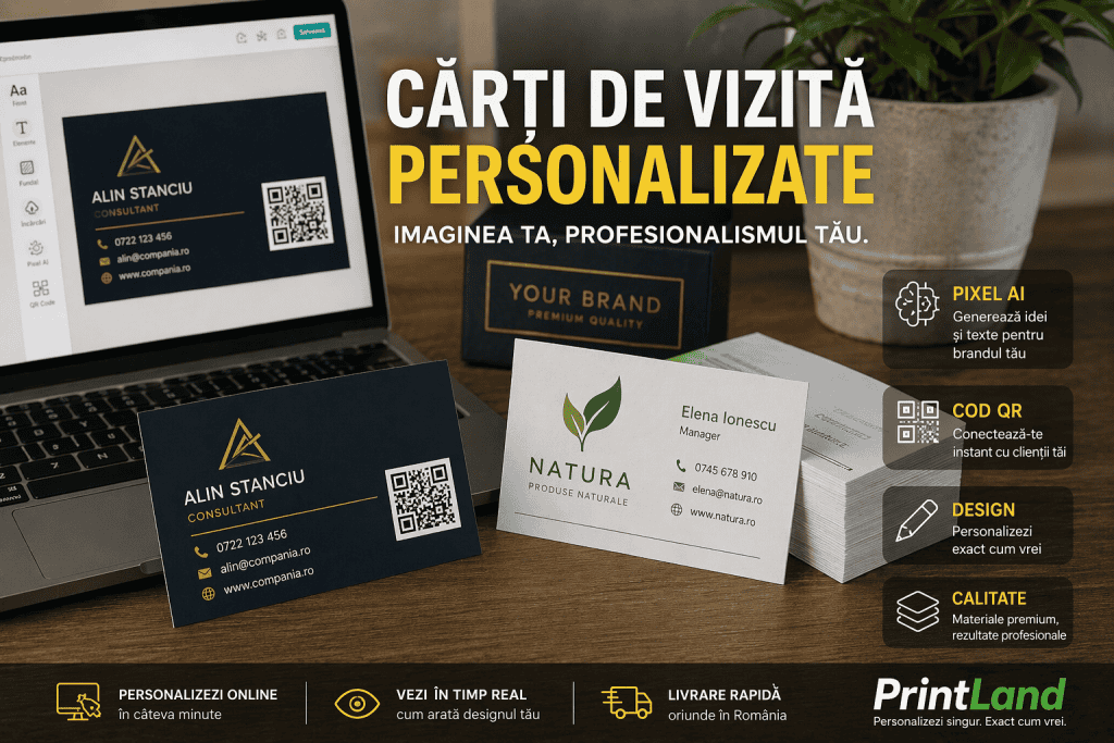 Card de vizită personalizate pentru afacerea ta, cu design profesional și materiale de calitate supe.