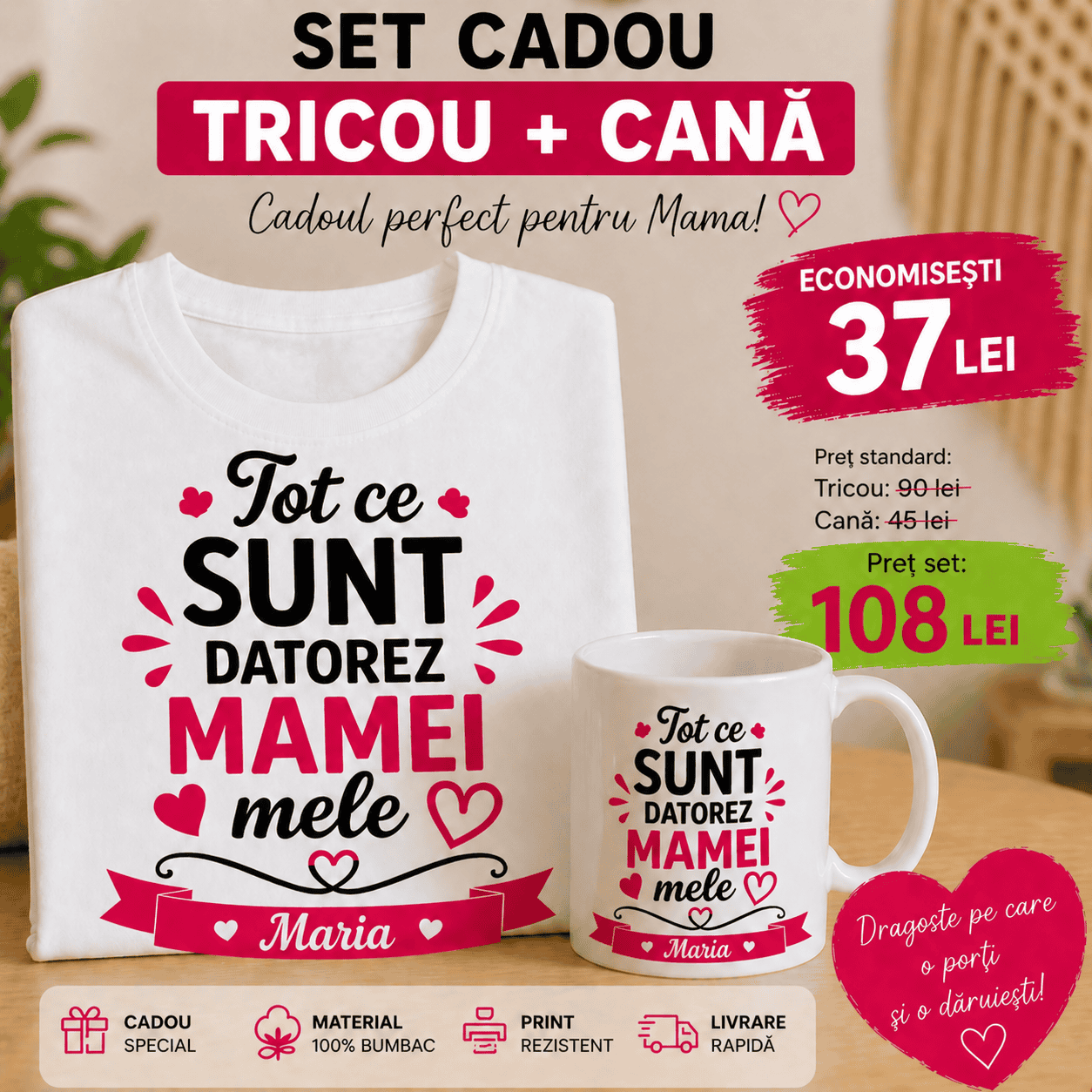 Set cadou tricou și cană personalizate pentru mame, cadou perfect pentru Ziua Mamei.
