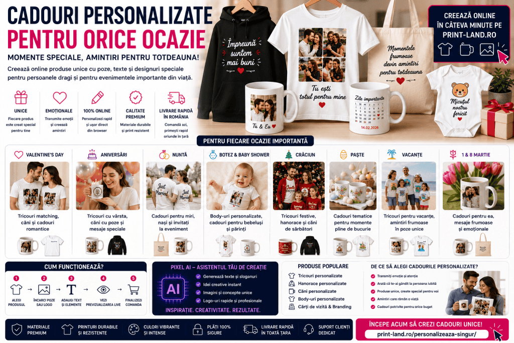 Cadouri personalizate pentru orice ocazie, cu texte și imagini speciale pentru momente memorabile.