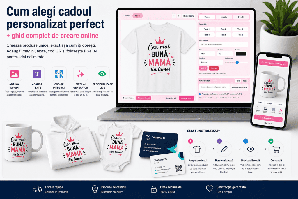 Creare cadou personalizat pentru mama, online, cu imagini, texte și QR code, pentru un cadou unic și.