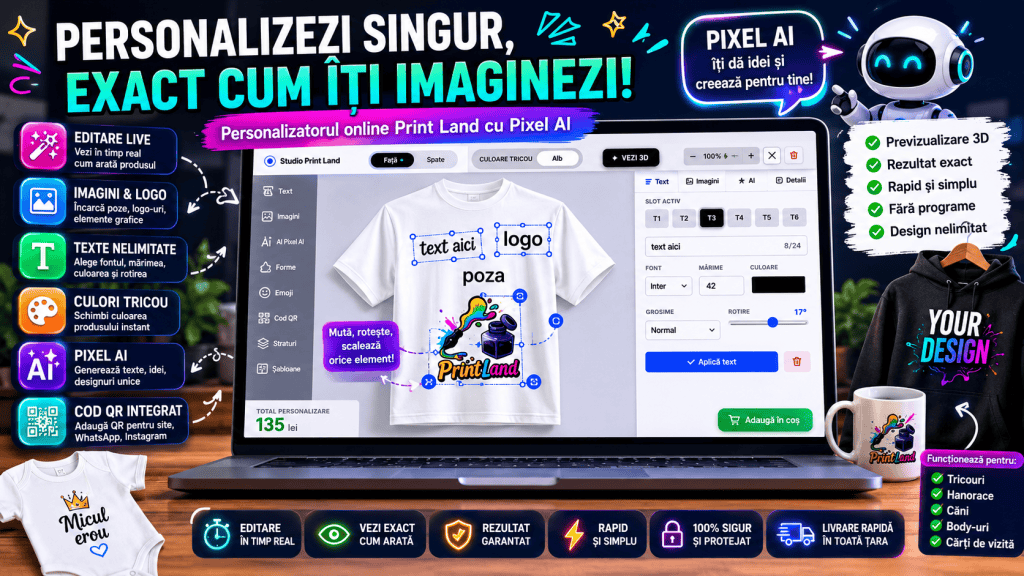 Personalizare tricouri și obiecte cu designul tău unic, folosind tehnologie AI avansată pentru rezul.