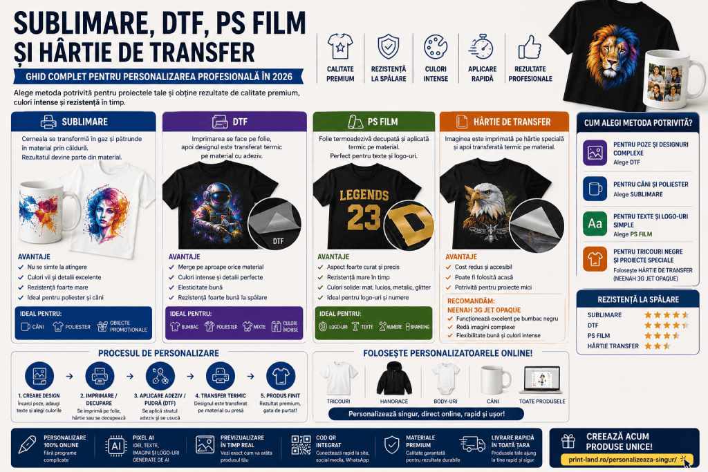 Transfer de imagine sublimare, DTF, PS film și hârtie de transfer pentru personalizare profesional.