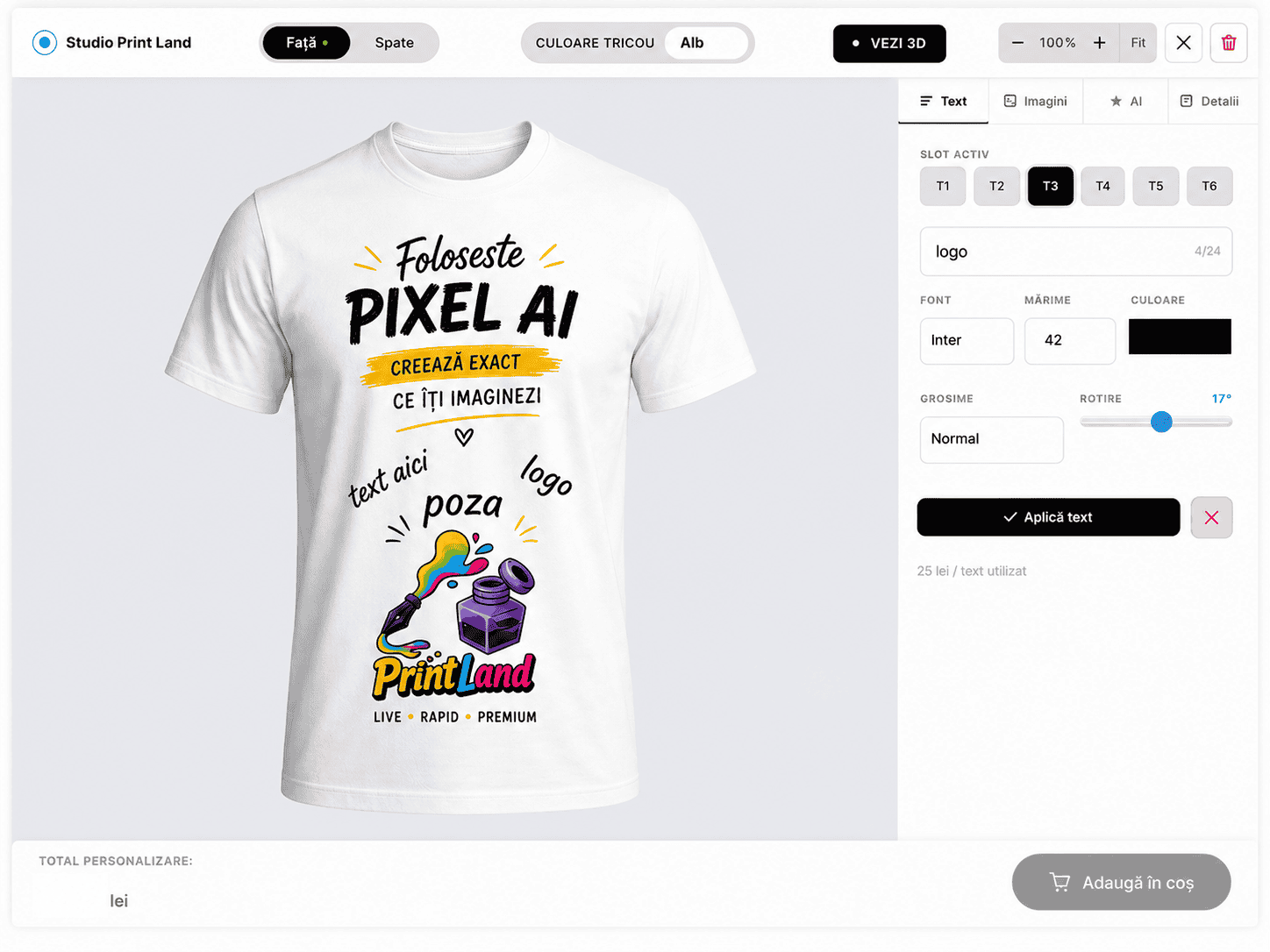 T-shirt personalizat cu text și logo pentru pixel AI, design creativ și original pentru imaginați.
