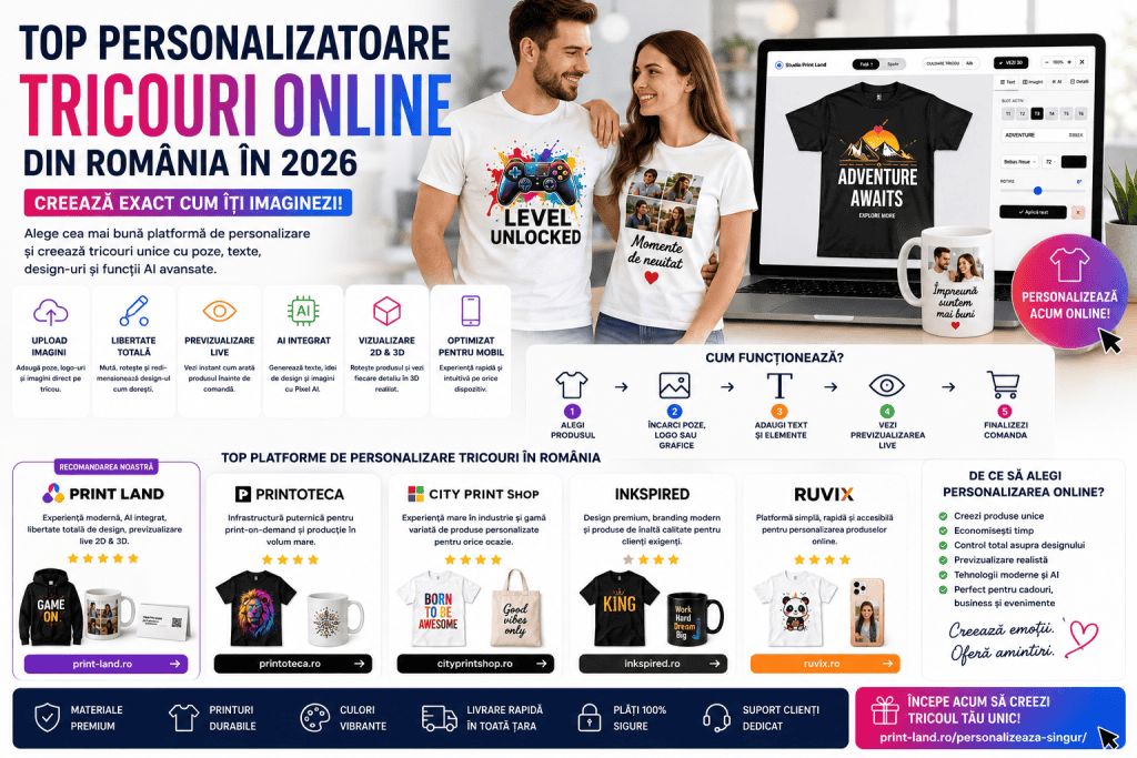 Personalizare tricouri online în România 2026, platformă de înaltă calitate.
